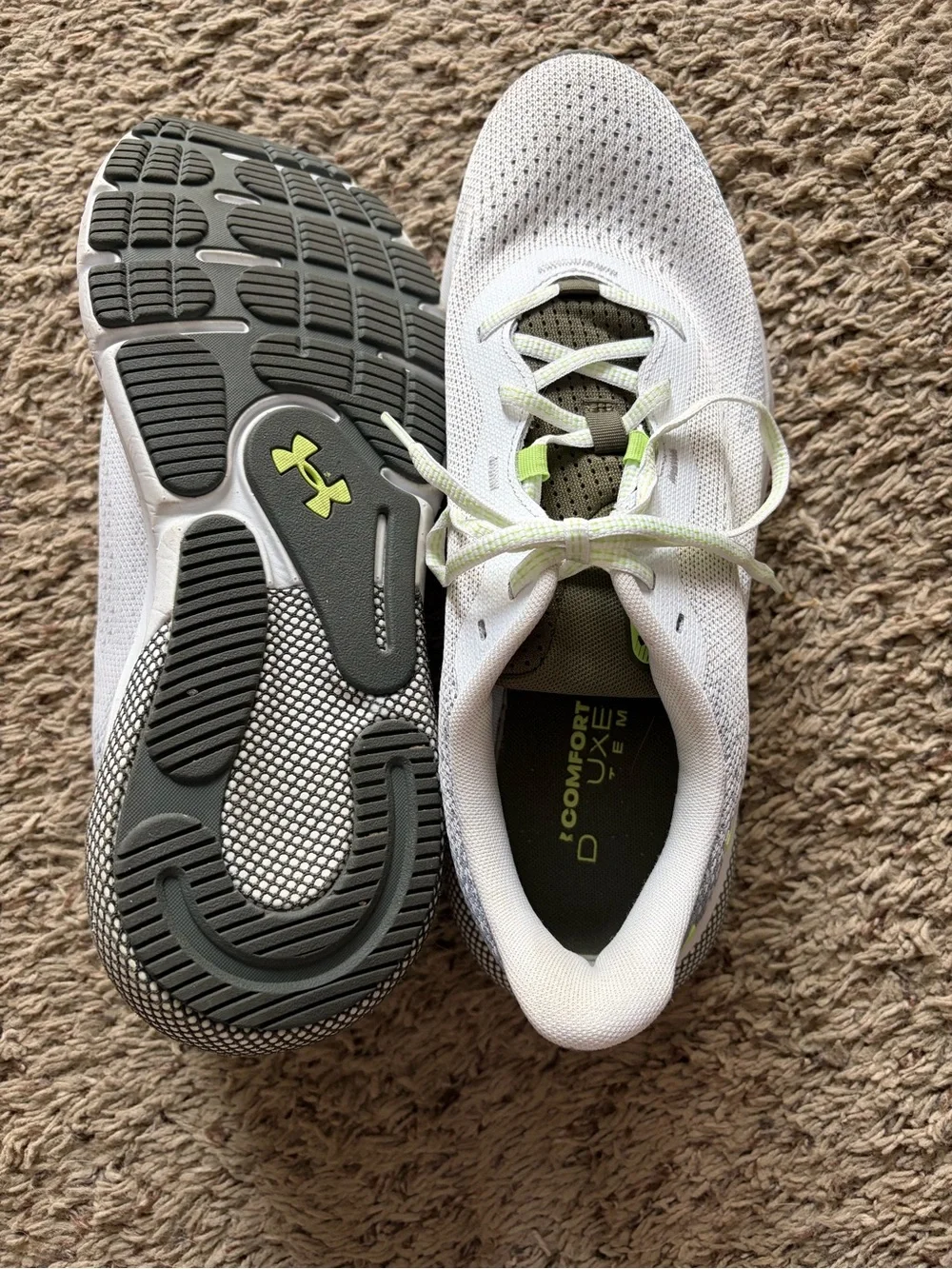Under Armour White Athletic Shoes with Gray Soles and Lime Accents